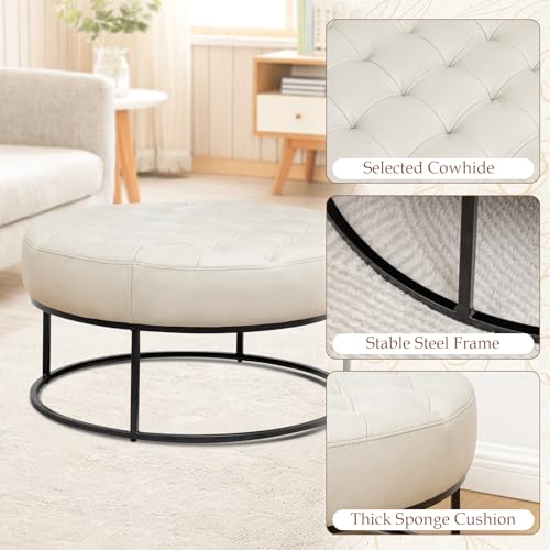Image of Modern Genuine Leather Round Coffee Table, 30'' Farmhouse Ottoman for Living Room, Large Vintage Genuine Leather Coffee Tables with Upholstered Padded Seat Beige