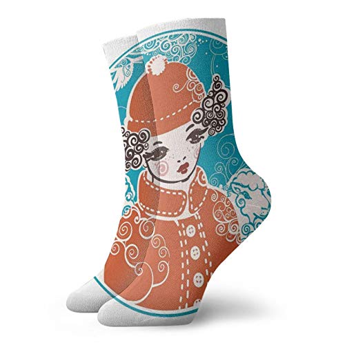 Fashion Compression Socks,Little Girl With Hairstyle Imitating Horns And Sheep In Round Frame,Performance Polyester Cushioned Athletic Crew Socks for Running,Athletic, -12 inch