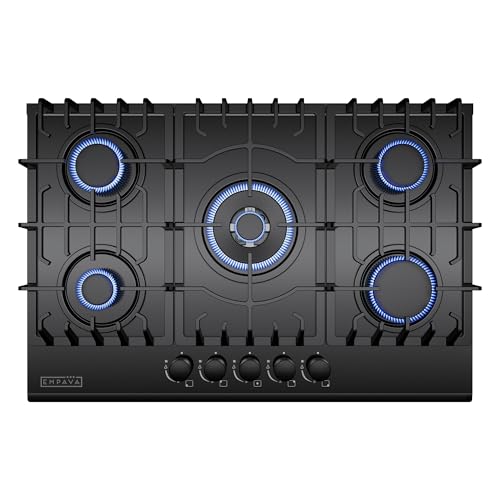 Empava Placa de cocina de gas de 76 cm convertible LPG/NG con 5 quemadores SABAF Italia de vidrio templado en color negro