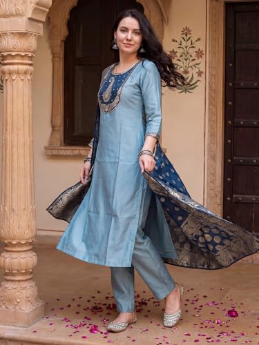 Image of INDO ERA Women's Viscose Self Design Straight Kurta with Pant & Dupatta Set