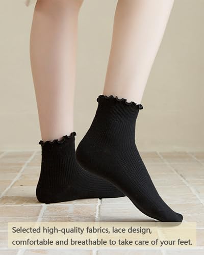 Image of Women Ruffle Ankle Socks Cute Frilly Socks Solid Color Casual Soft Cotton Knit Sock Lettuce Frilly Crew Socks 6 Pair
