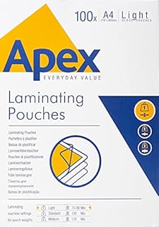 Fellowes Apex A4 Laminating Pouches, Glossy Finish, 100 Sheets - Light Duty - Ideal for Notices and Photos