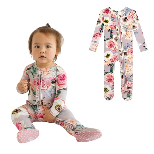 Posh Peanut Footie Pajamas for Baby Girls – Sleepers in Ultra-Soft Viscose from Bamboo with 2-Way Zipper & Ruffle Trim – Newborn to Toddler Sleepwear (French Gray, 0-3 Months)