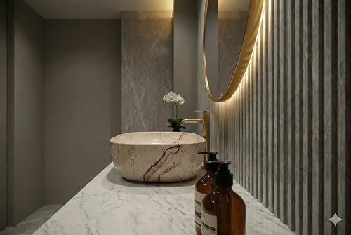 Image of Designer Ceramic Wash Basin For Bathroom | Over Counter Bathroom Basin | Counter Top Bathroom Sink | Wash Basin For Restaurant, Hotel (18 x13 x 5 Inch) (Light Warm Beige)
