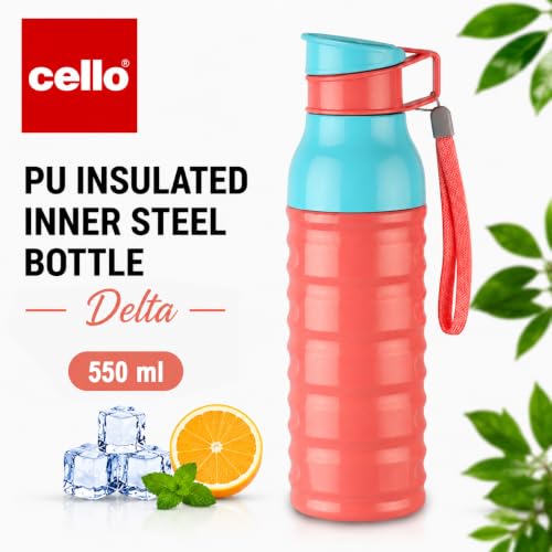 Image of CELLO Puro Steel-X Delta 600 PU Insulated Water Bottle for Office 550 ml Pink | Wide Mouth Easy to Carry with Strap Leak Proof Flip Top Lid Inner Steel Water Bottle for School Kids, College & Travel