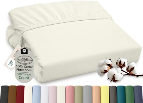 Image of ROYALE LINENS 300 Thread Count 100% Long Staple Combed Cotton Fitted Sheet Twin XL - Super Soft Deep Pocket Bottom Sheet - Fitted Sheets Only - Elastic Sheets (Twin XL, Ivory)