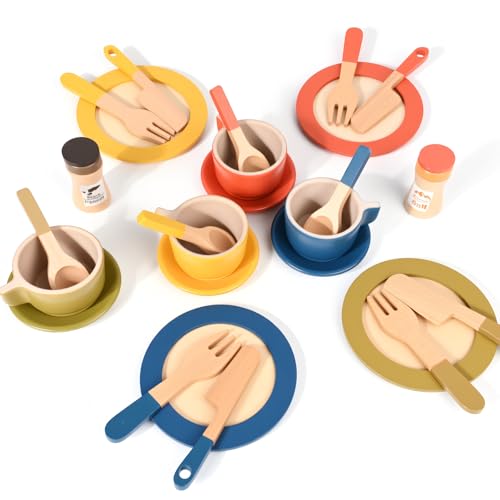 LustLocke® Dinette Enfant en Bois, 26 Pièces Accessoire Cuisine Enfant, Sécurité des Matériaux, Convient aux...