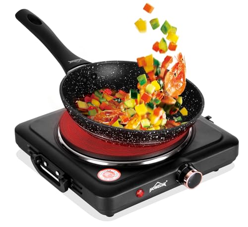 Homelux Plaque de cuisson, 1000 W, réglable individuellement, 5 niveaux de chaleur, plaque de cuisson pour cuisine, bureau ou camping, noir