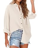 NOLLSOM Casual Shirts for Women Long Sleeve Button Down Blouses Fall 2025 Solid Color Trendy Tops with Pocket(Beige,Large)