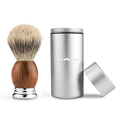 CHARMMAN Badger Bristle Shaving Brush with Strong Aluminium Travel Tube, Natural Pear Wooden