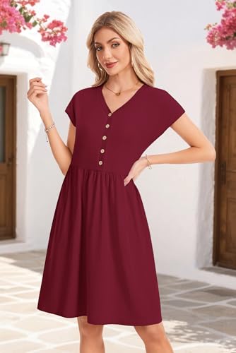 Image of AUSELILY Women's Summer Short Sleeve Knee-Length V Neck Dress with Pockets | V Neck,Cap Sleeve,Loose-Fit,Casual Dresses,2026 New
