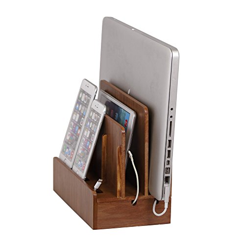 G.U.S. Multi-Device Charging Station Dock & Organizer - Multiple Finishes Available. for Laptops, Tablets, and Phones - Strong Build, Walnut with 4-Port USB Power Strip