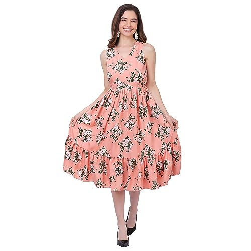 Image of Women's Crepe A-Line Knee Length Dress | Western Sleeveless Dress for Girls | Flared Frock | Frill Midi | Knee Gown