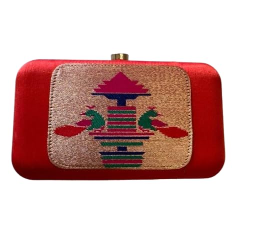 Paithani hand Clutch Purse with Chain Sling - Ethnic & Traditional Woven from Semi Paithani Silk - Box shaped Magnetic snap Box Purse-image-34