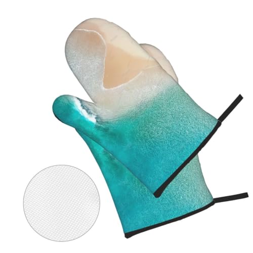 Gants de cuisine anti brûlure vert eau beige pour sortir les plats du four