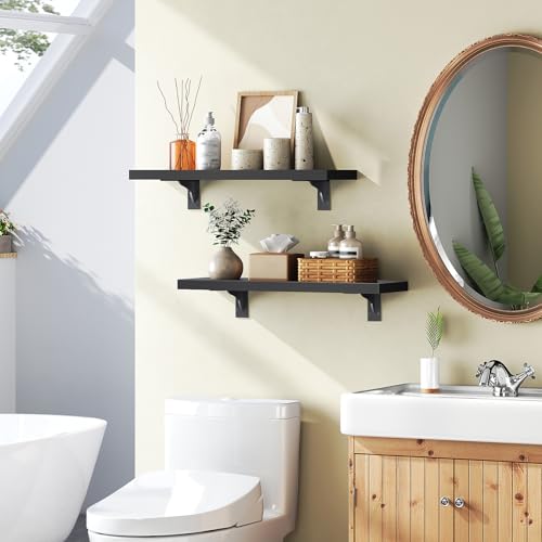 Image of HOOBRO Floating Shelves for Wall, 15.4 inch Wall Mounted Shelves Set of 2, Hanging Storage Shelf with Metal Brackets, Wooden Shelf for Living Room, Bedroom, Bathroom, Black BK42BJP201G1