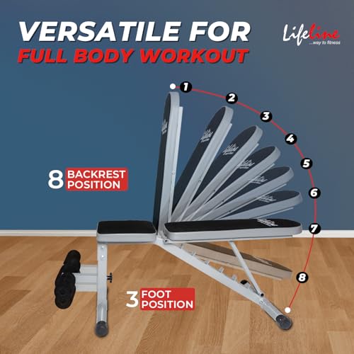 Image of Lifeline LB-311 Heavy Duty Adjustable Gym Bench | Incline Decline Flat Multi-Position | 200 kg Capacity Strength Training Bench for Home Gym Workout | Commercial Grade Fitness Bench with Leg Support