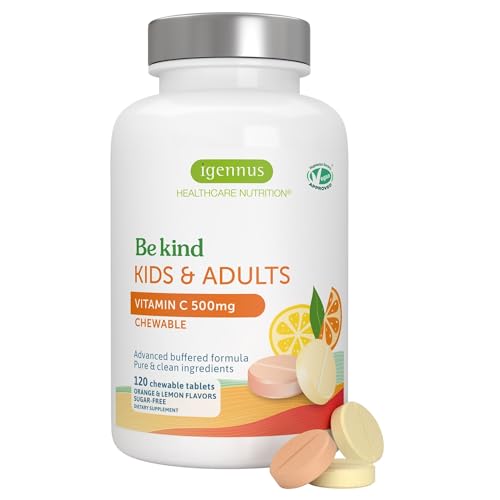 Igennus Gentle Buffered Vitamin C Chewable 500mg for Kids & Adults, No Artificial Colors & Natural Sugar Free Orange & Lemon Flavors, Vegan, Non-GMO, 120-240 Servings