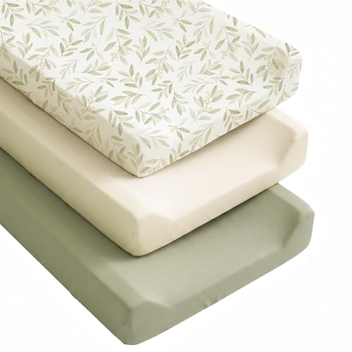Image of Konssy Silky Soft Changing Pad Cover 3 Pack, Ultra-Stretchy Diaper Changing Table Sheets, Breathable Snug Fit for Standard 32" x 16" Contoured Pads, Boho Neutral Sheets for Boys & Girls (Green Leaf)