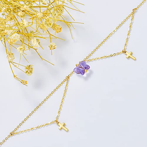 Sisgem 14K Yellow Gold Butterfly Cross Anklets For Women Girls,Real Gold Cross Butterfly Ankle Bracelet Dangle Foot Jewelry Sea Beach Gifts For Birthday Anniversary 8+2 Inch (Purple Butterfly-Cross) #TOP4