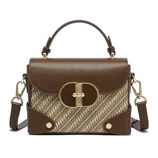 HOZYU Bolsas femininas com alça superior, bolsas de mão para mulheres, bolsa de ombro ou bolsa transversal, bolsas de noite, aprendiz genuíno reciclado, Marrom + trama