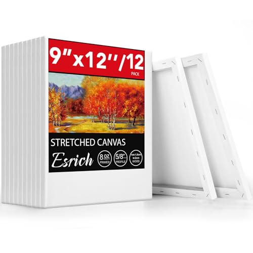 ESRICH Stretched Canvas for Painting, 12 Pack 9x12 Inch Canvas Value Pack,Primed Acid-Free Cotton Blank Canvases, Painting Canvas for Oil & Acrylic Paint.