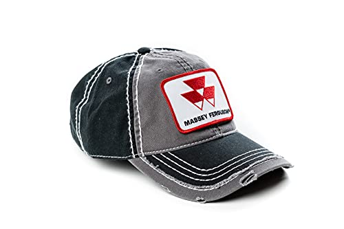J&D Productions, Inc. Massey Ferguson MF Tractor Logo Hat, Gray and Black Distressed