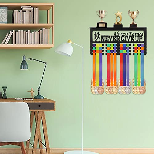 Yexexinm Metal Medal & Trophy Display Shelf, Never Give Up Medal Hanger Display With Trophy Shelf，Medal Holder And Trophy Display Hanger Rack Frame Wall Mount Medal Hanger - Holder Over 70 Medals #TOP5