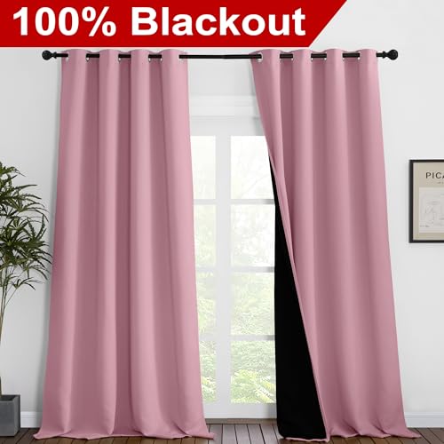 Image of NICETOWN 100% Blackout Blinds, Set of 2, 52 inches x 102 inches, Laundry Room Decor Window Treatment Curtains for Large Patio Sliding Door, Thermal Insulated Crystal Pink Curtains for Bedroom