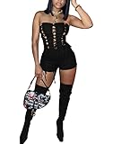 Annystore Women's Sexy Off Shoulder Hollow Out Bandage Club Rompers Strapless Bodycon Short Jumpsuit