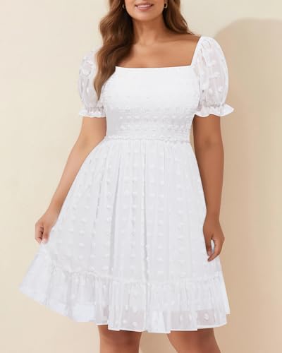 Plus Size Square Neck Graduation Summer Casual Sundress Chiffon Swiss Dot Ruffle Flowy Short Smocked Dress 20242