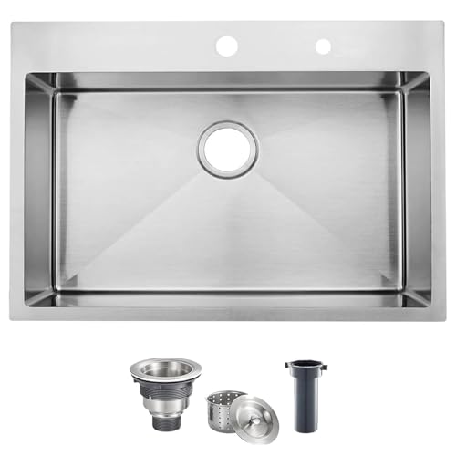 VAPSINT 33x22 Drop In Kitchen Sink, 33 Inch Stainless Steel Top Mount Single Bowl Sink for Kitchen, Overmount Handmade 16 Gauge Brushed Nickel RV Laundry Prep Sinks with Drain
