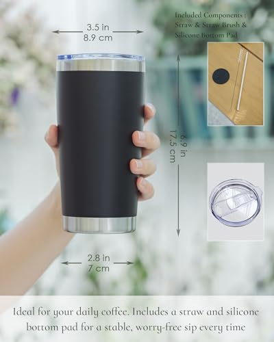 UIRZOTN Travel Coffee Tumbler 20oz, 12 Pack Leakproof Travel Coffee Mug with Lid and Straw, Stainless Steel Double Wall Vacuum Insulated Tumbler for Hot/Iced Drinks (Textured Matte, Black) — view 2