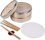 Lawei 25 cm Dampfgarer Bambus mit Edelstahl Bambus Dämpfaufsatz und Dampfkorb Asiatischer Dämpfkorb mit Deckel für Teigtaschen, Reis, Gemüse, Fisch und Fleisch, 4 Paar Essstäbchen, 100 Papier-Einsätze