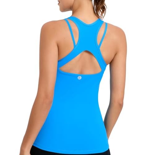 RUNNING GIRL Workout Tank Tops with Built in Bras for Women,Compression Shirt Strappy Back Athletic Yoga Tops A-bright Blue X-Large