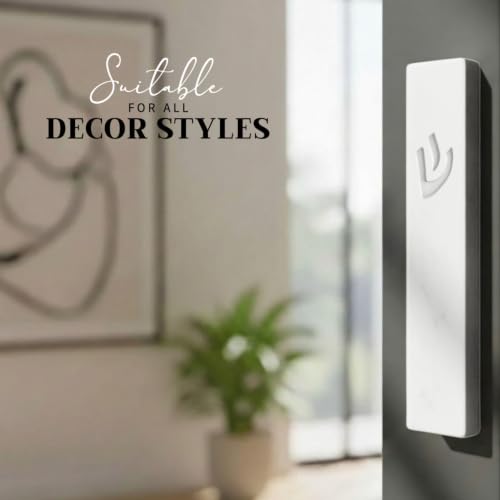Image of SURI Mezuzah for Door - 6 Inch White Concrete Mezuzah Case with Non Kosher Scroll, Self-Stick Jewish Entry Design, Fits a 5 Inch Scroll, Gift Box Included