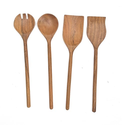 Image of Sanjeev Kapoor by OGGN Acacia Wood Serving & Cooking Spoon Set of 4, Handmade Wooden Spatula Set for Cooking, Non Stick Kitchen Tools, Turner, Ladle, Pasta & Frying Spoon, Natural Cookware