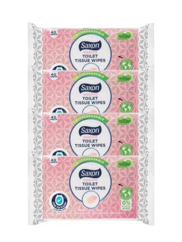 Saxon | Sensitive Toilet Tissue Wipes | Fresh & Clean | Fragrance Free & Dermatologically Tested & Skin PH Neutral | Fine to Flush | 40 Wipes [4 PACK]