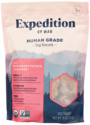 Image of Amazon Brand - Wag Expedition Human Grade Organic Biscuits Dog Treats, Non-GMO, Sweet Potato & Flaxseed, 10oz