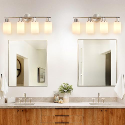 Image of DLLT 4-Light Bathroom Light Fixtures: Nickel Modern Vanity Lights with E26 Bulbs - Milky White Glass Shade Bathroom Wall Lamp for Mirror Kitchen Living Room Hallway Cabinet Porch