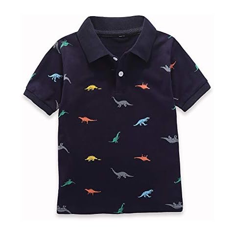 Motteecity Fashion Boys Turndown Collar Dino Printed Polo Shirt Blue 2T Cover