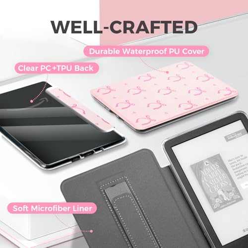 Image of Pink Bows Clear Case Fits 6 Inch Kindle 11th Generation(2022 /2024),6 inch Ultra Slim Book Cover with Hand Strap,Pink Protective Case Basic Kindle Accessories Auto Wake /Grip /Holder
