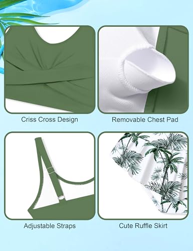 Image of Qaoerde Girls Swimsuit Tropical Print Bikini Set with Ruffle Hem Two Piece Criss Cross Bathing Suits for Girls 7-16 Years