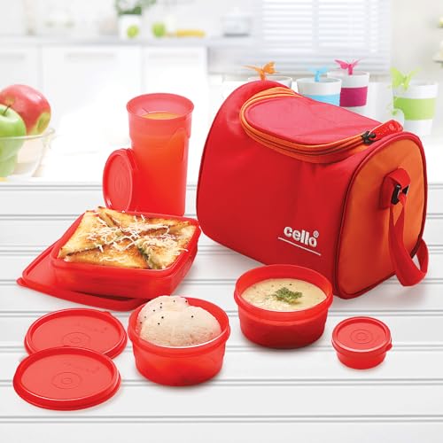 Image of CELLO MF Plastic Sling Lunch Box | Leather Carry Pouch | Office | School | Set of 5 Containers, Orange, 250 Milliliter
