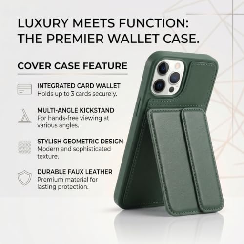 Image of amazon basics Luxury Vegan Leather Back Cover for iPhone 11 Pro Max | Built-in Card Holder Slot | Integrated Mobile Stand | Slim Shockproof Protective Case with Stitched Finish - Green