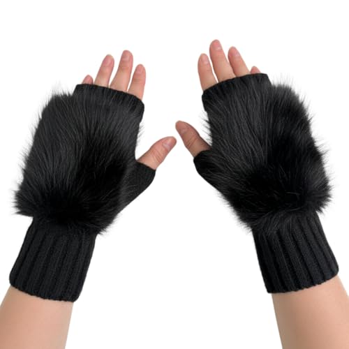 Fabchik Handstulpen Damen, Fingerlose Handschuhe mit Keildaumen Weiche Strick Pulswärmer Armstulpen mit Kunstfell für Alltag, Büro, Outdoor (Schwarz)