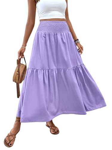 Women's Summer Floral Maxi A-Line Boho Skirt, Summer for Women 2025 Vacation Boho Floral Tiered (10,Light Purple)