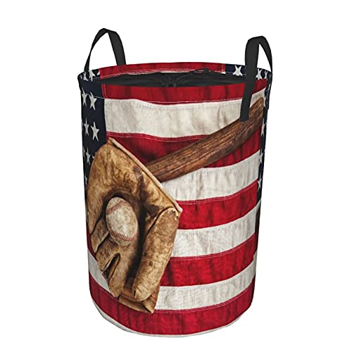 Cesta de almacenamiento  bate de béisbol vintage  guante y pelota en una bandera estadounidense vintage  cesto de lavandería grande plegable con asas 19 x14 