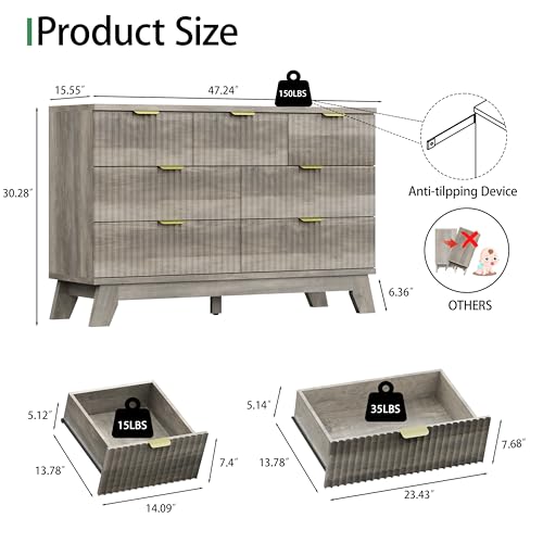 Image of Xixini Fluted Dresser for Bedroom with 7 Drawers, 48 inch Wide Modern Chest of Drawers with Metal Handle, Wood Dresser TV Stand, Wooden Closet Clothes Storage Organizer for Living Room, Hallway, Grey