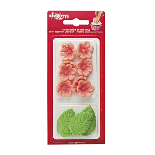 Dekora - Caja de 8 Flores de Azucar Rosas y 5 Hojas Verdes - Figuras Comestibles para Tartas - Decoracion Tarta Cumpleaños de Azúcar